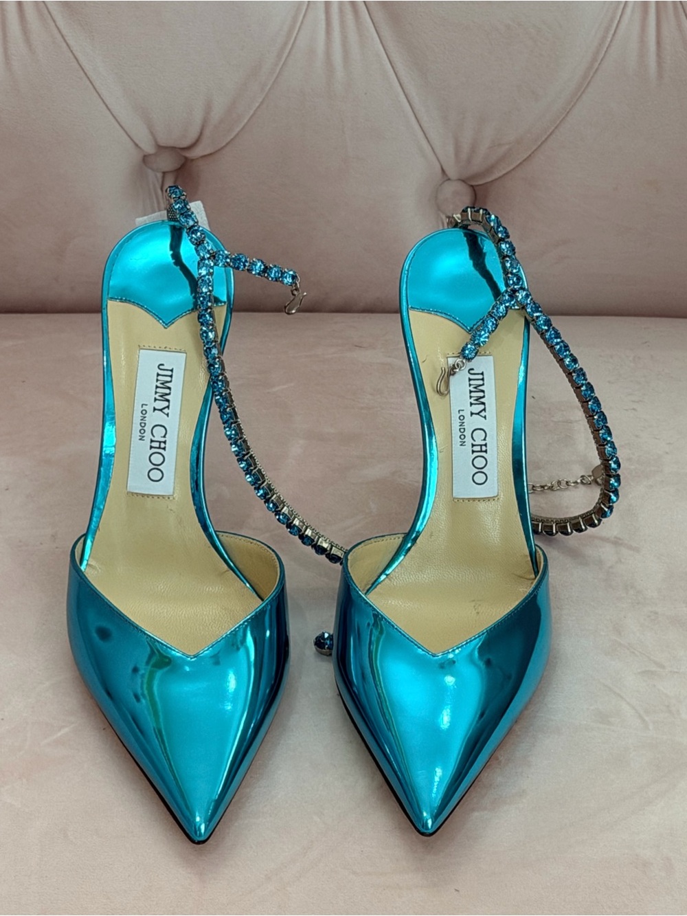 Jimmy Choo Bing Crystal Anklet Pumps
💙 Size 38.5 | Metallic Turquoise Blue - Picture 3 of 5